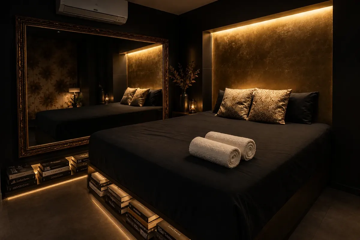 Habitación con gran espejo y cabecero iluminado en Rambha Massages Barcelona