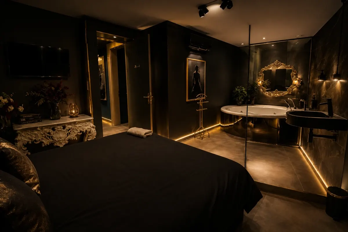 Habitación con jacuzzi privado y baño en Rambha Massages Barcelona