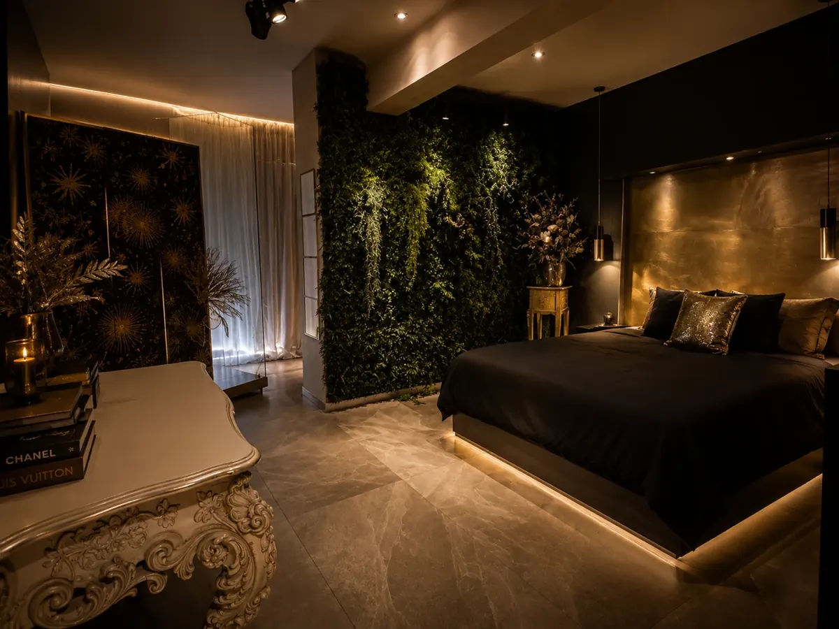 Habitación con jardín vertical y cama de matrimonio en Rambha Massages Barcelona