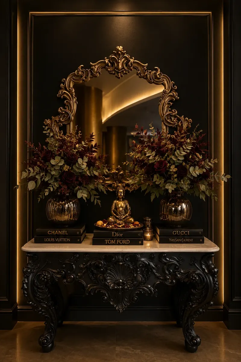 Consola con espejo dorado y flores en la entrada de Rambha Massages Barcelona