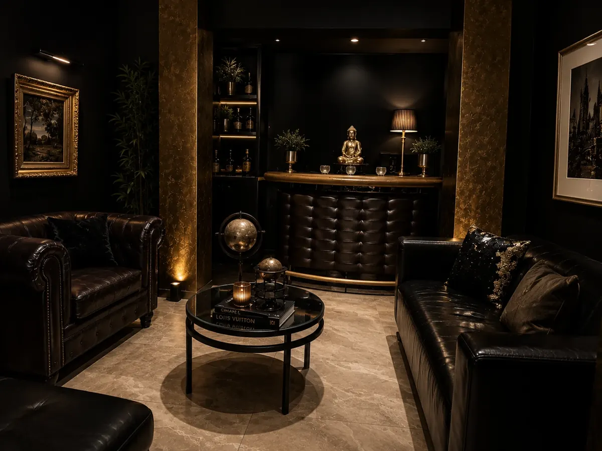 Salón con bar y sofás de piel de Rambha Massages, casa de citas en Barcelona