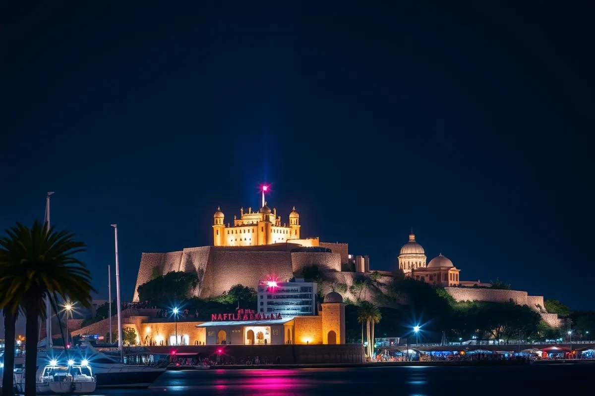 Málaga de noche, el puerto y la Alcazaba iluminados